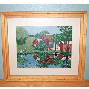 Vintage Farmhouse On The Lake Needlepoint Cross Stitch Matted and Framed 20x17"